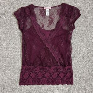 Voli Top Womens Petite Small Purple Lace Sheer Short Sleeve Floral Layered PS